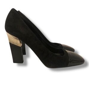 Auth Prada Black Silver metal accent square toe Heels patent leather suede 8 38